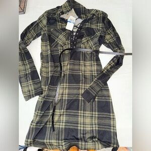 Plaid Lace-Up Dress in Black and Olive